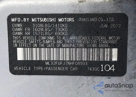 2022 Mitsubishi Mirage G4 Le z USA, uszkodzony, nr VIN ML32FUFJ7NHF08933